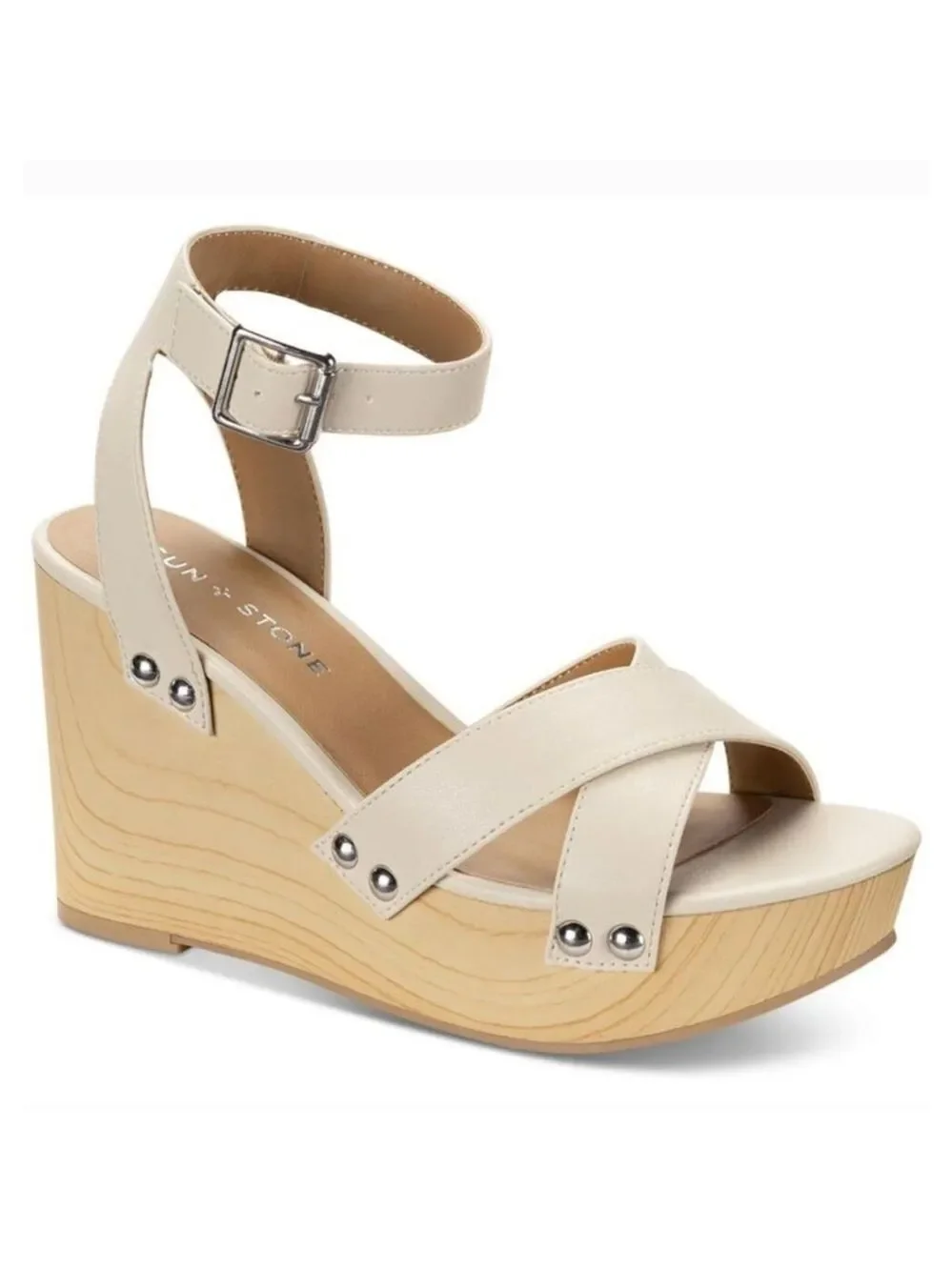 Women Cream Bone Beige Cognac Ankle Strap Classic Wooden Wedge Sandals SZ 10 M